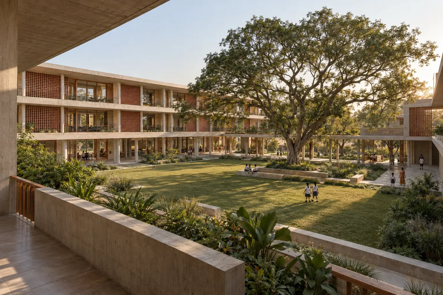 Concept of a warm stone school arranged around a shaded, planted courtyard