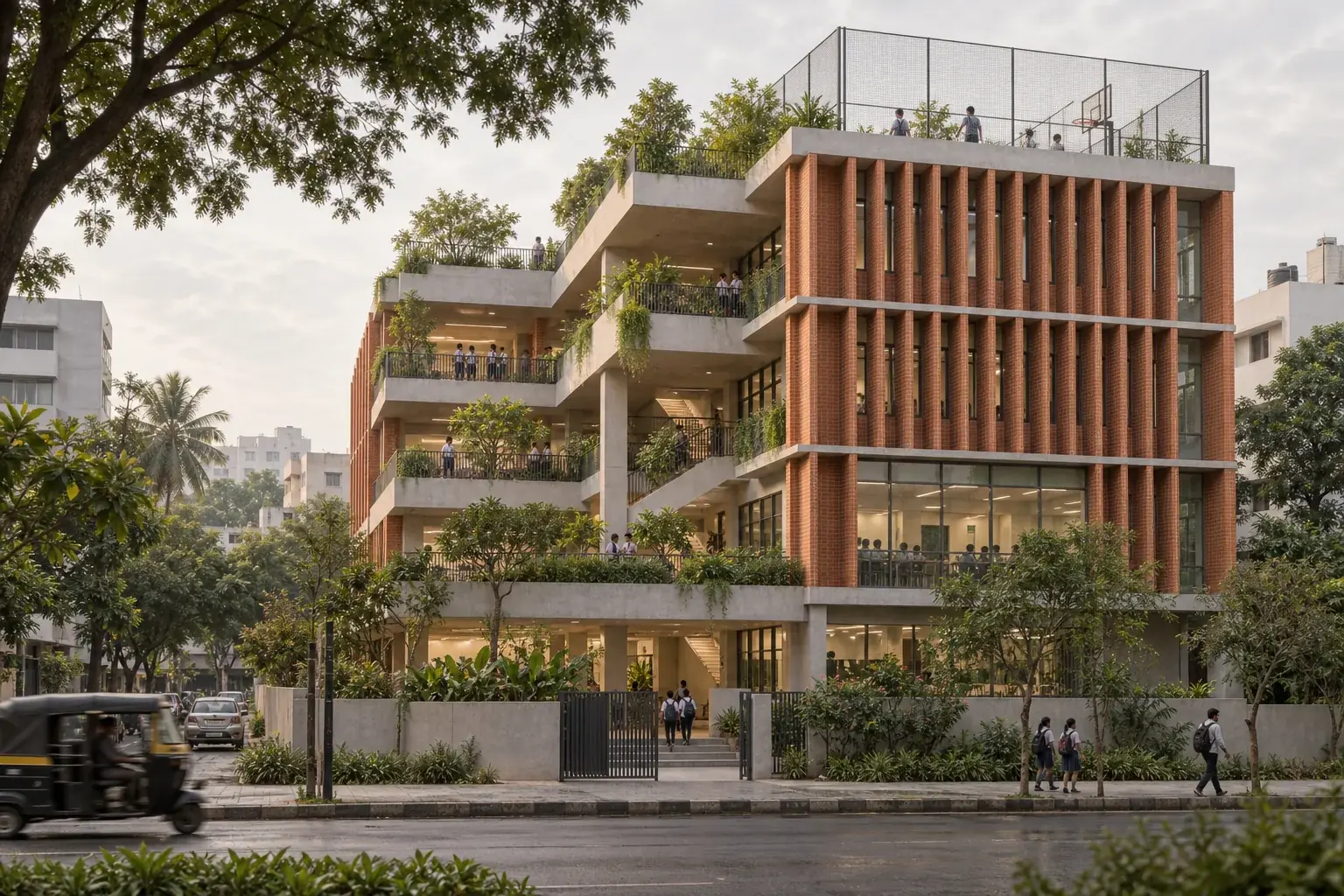 Concept of a terracotta urban school with planted terraces and shaded balconies