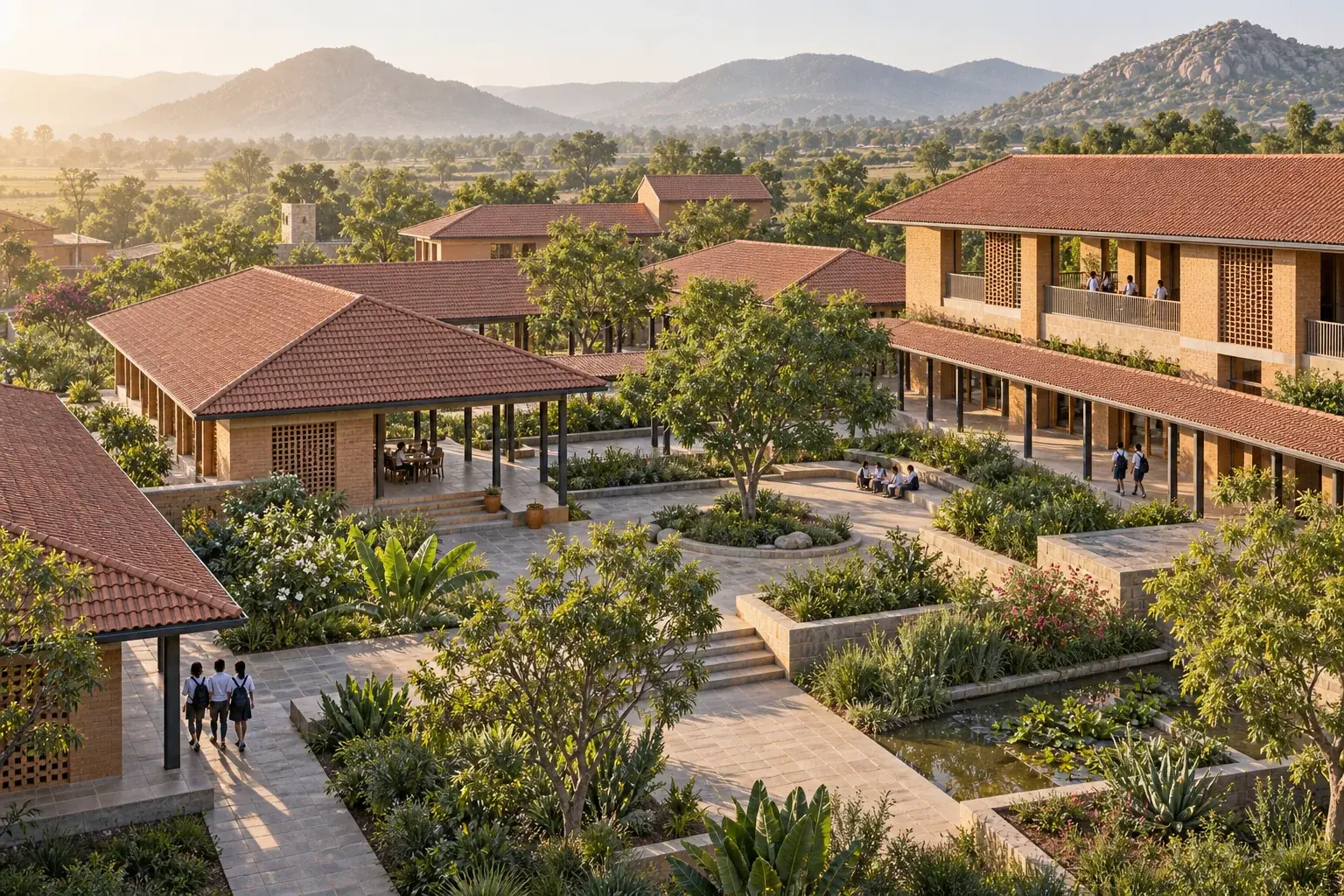 Concept aerial view of low-rise learning pavilions with terracotta roofs and gardens